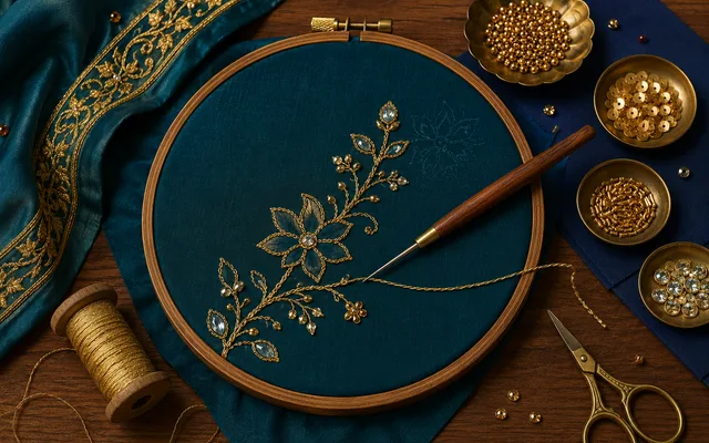 Aari hook working a fine chain-stitch floral design in gold thread on a teal silk blouse panel stretched over a wooden embroidery hoop, gold beads, sequins and stones in brass dishes beside it — Akira Fashion Studio Bangalore