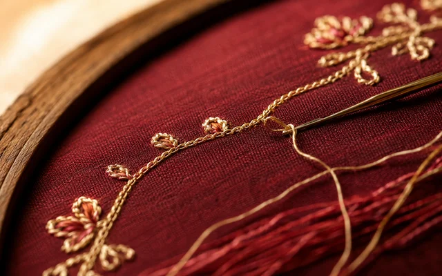 Close-up of an aari hook pulling gold thread through maroon silk on a wooden hoop, a fine chain-stitch floral vine in progress — Akira Fashion Studio Bangalore