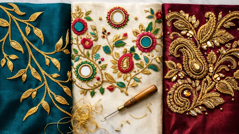 Three embroidery technique samples — aari work, maggam work, and zardosi — Akira Fashion Studio Bangalore