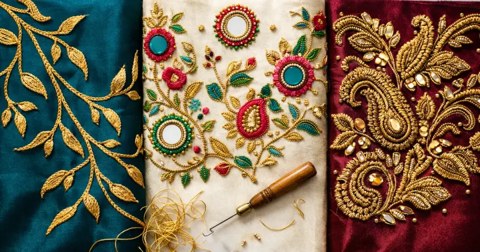 Three embroidery technique samples — aari work, maggam work, and zardosi — Akira Fashion Studio Bangalore