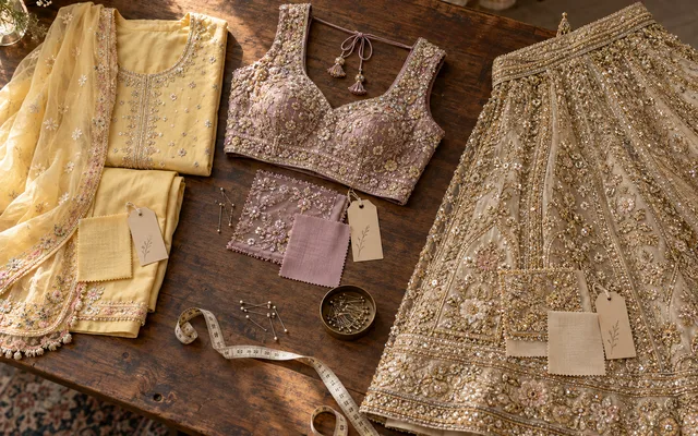 Multiple bridal outfits — a haldi set, a sangeet blouse, and a reception lehenga — laid out together on a wooden studio table during order planning — Akira Fashion Studio Bangalore