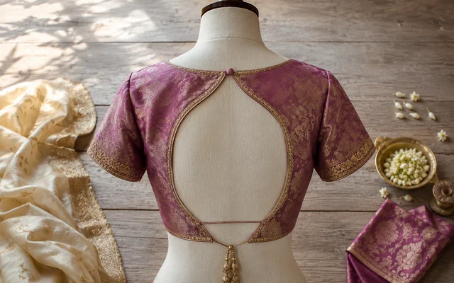 Mauve brocade bridal blouse on a dress form showing a teardrop keyhole back opening with gold zari trim and a dori tassel closure — Akira Fashion Studio Bangalore