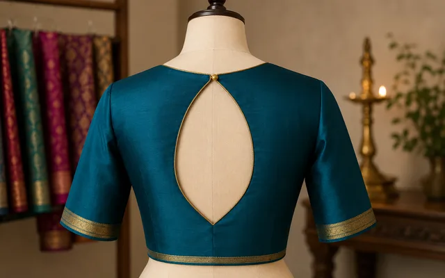 Teal silk blouse with a gold-bordered keyhole cutout back design on a dress form, saree fabrics in the background — Akira Fashion Studio Bangalore