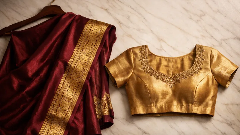 Wedding saree and hand-embroidered blouse showing design coordination — Akira Fashion Studio Bangalore