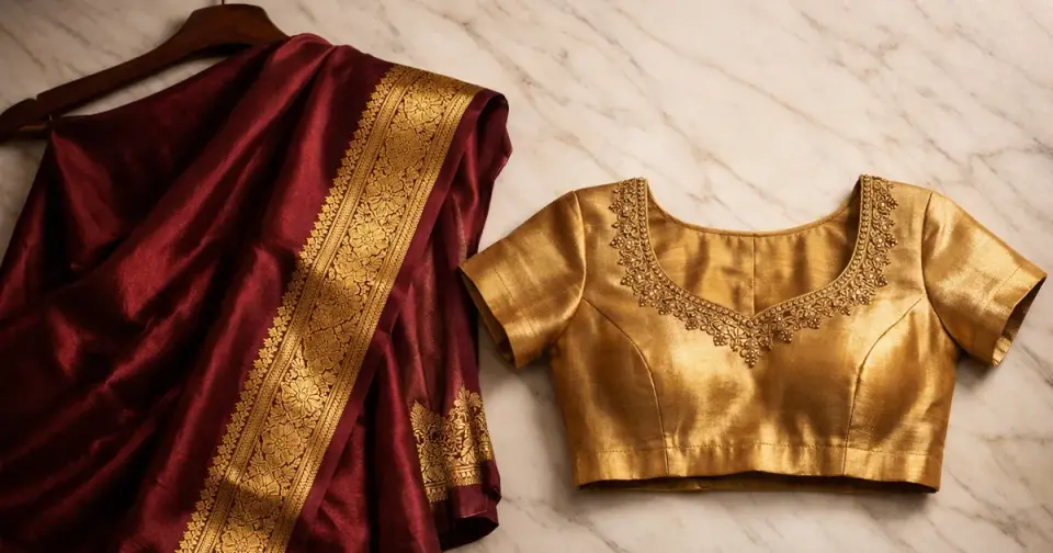 Wedding saree and hand-embroidered blouse showing design coordination — Akira Fashion Studio Bangalore