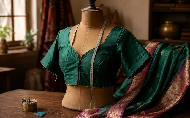 A partly finished silk blouse on a dress form beside a draped saree, measuring tape and pins during a trial fitting — Akira Fashion Studio Bangalore