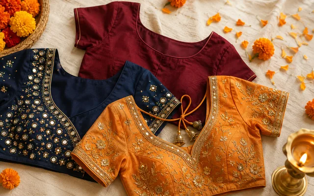 Festive blouses with mirror and thread work laid out beside marigold flowers and a diya — Akira Fashion Studio Bangalore