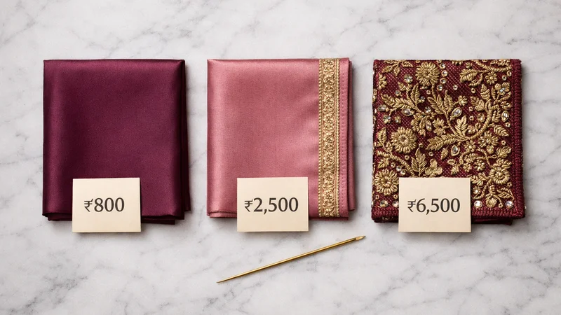 Three silk fabric swatches showing plain, border and heavy hand embroidery with price tags — Akira Fashion Studio Bangalore