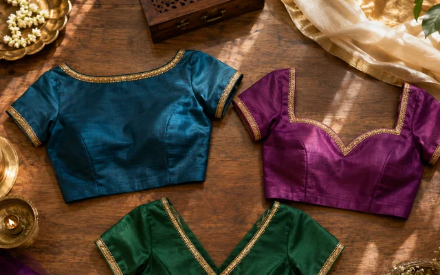 Boat neck, sweetheart, and V-neck silk wedding blouses on a wooden studio table with gold zari neckline embroidery — Akira Fashion Studio Bangalore