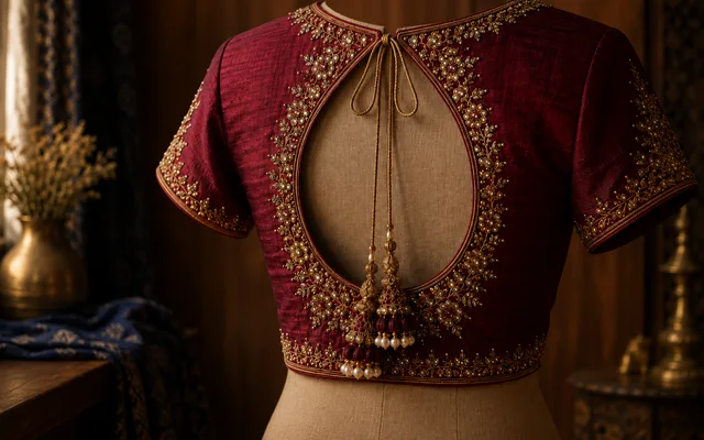 Back view of a deep-red bridal blouse with a keyhole back, gold zardosi back panel and dori tie with tassels — Akira Fashion Studio Bangalore