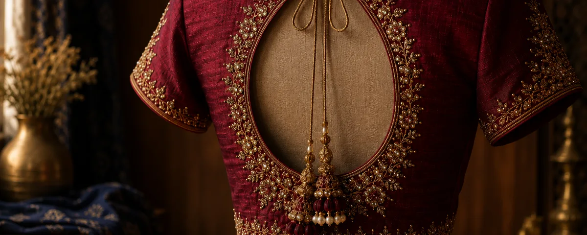 Back view of a deep-red bridal blouse with a keyhole back, gold zardosi back panel and dori tie with tassels — Akira Fashion Studio Bangalore
