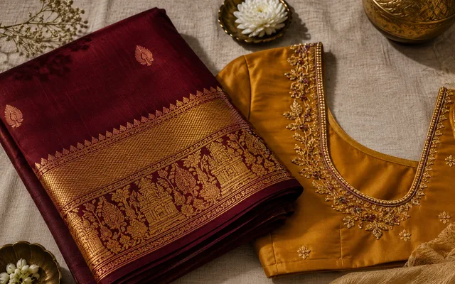Maroon Kanjivaram silk saree with gold zari temple border beside a contrast mustard-gold blouse — Akira Fashion Studio Bangalore