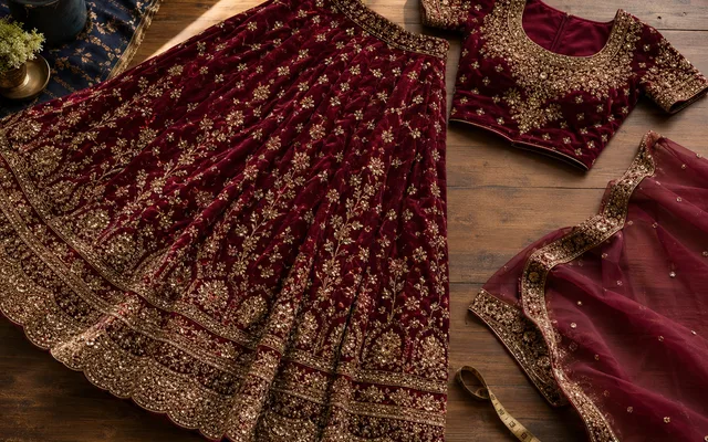 Deep wine bridal lehenga skirt with gold zardosi work laid beside a matched hand-embroidered choli and a folded dupatta on a wooden studio table — Akira Fashion Studio Bangalore