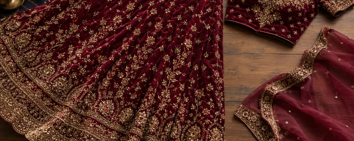 Deep wine bridal lehenga skirt with gold zardosi work laid beside a matched hand-embroidered choli and a folded dupatta on a wooden studio table — Akira Fashion Studio Bangalore