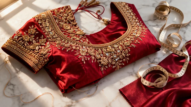 Deep red bridal blouse with gold zardozi embroidery neckline — Akira Fashion Studio Bangalore