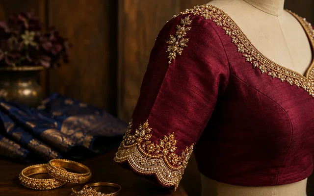 Deep-red bridal blouse with an elbow-length sleeve and gold zardosi scalloped sleeve border on a dress form — Akira Fashion Studio Bangalore