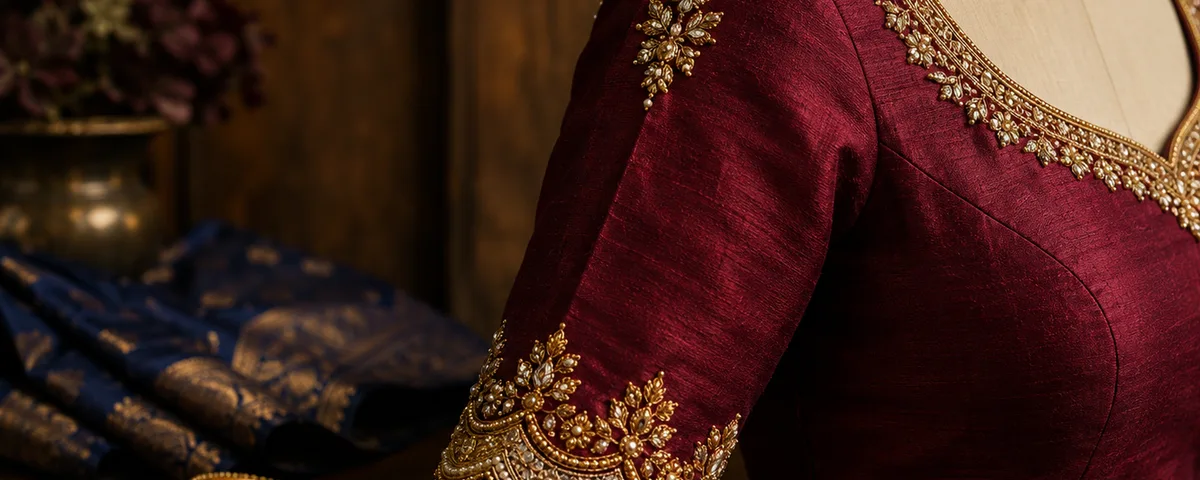 Deep-red bridal blouse with an elbow-length sleeve and gold zardosi scalloped sleeve border on a dress form — Akira Fashion Studio Bangalore