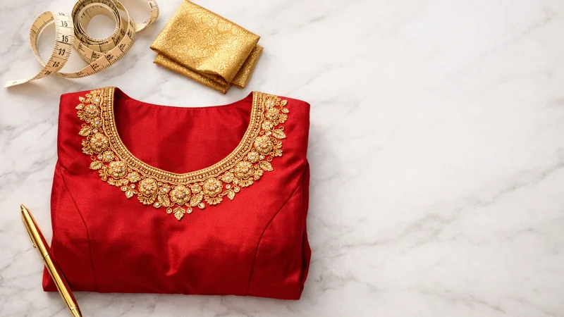 Deep red bridal blouse with gold embroidery on marble surface — Akira Fashion Studio Bangalore