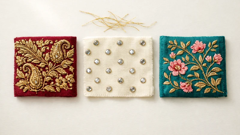 Three embroidery design samples — zari, mirror work, and floral thread — Akira Fashion Studio