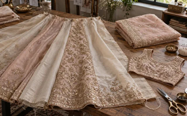Unfinished bridal lehenga skirt panels with gold zari embroidery pinned on a wooden studio worktable beside a matching choli piece — Akira Fashion Studio Bangalore