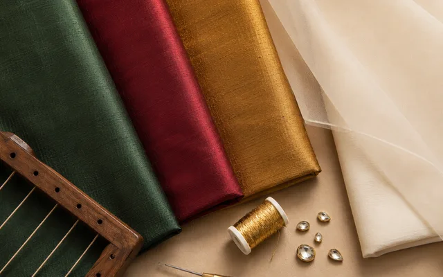 Folded lengths of raw silk, art silk and cotton-silk blouse fabric in jewel tones beside an aari frame and gold thread — Akira Fashion Studio Bangalore