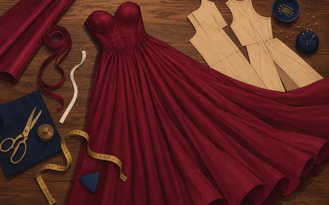 Floor-length wine-red evening gown with a structured bodice and flowing skirt laid on a wooden studio cutting table beside lining fabric, boning tape, measuring tape and pattern-paper pieces — Akira Fashion Studio Bangalore