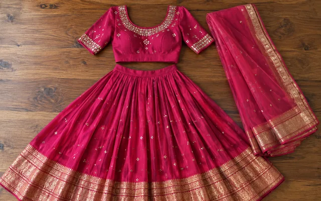 Langa davani half saree outfit in festive colours with a matching embroidered choli laid out on a wooden studio table — Akira Fashion Studio Bangalore