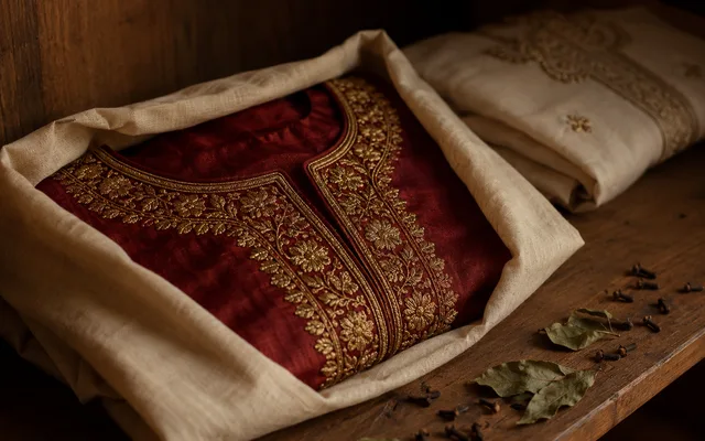 A deep red silk blouse with gold zardosi embroidery folded in unbleached muslin cloth on a wooden shelf, dried neem leaves and cloves scattered alongside — Akira Fashion Studio Bangalore