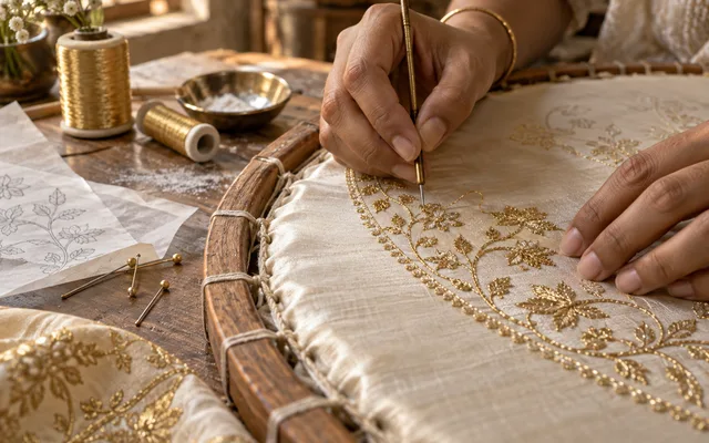 Hands guiding a hooked aari needle through gold thread embroidery on fabric stretched over a wooden frame — Akira Fashion Studio Bangalore