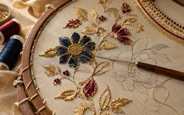 Hand embroidery in progress on a blouse panel stretched over a wooden frame, aari needle and gold thread visible — Akira Fashion Studio Bangalore