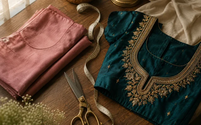 A plain folded readymade blouse beside a teal blouse with gold hand embroidery at the neckline, with a measuring tape and tailoring scissors on a wooden studio table — Akira Fashion Studio Bangalore