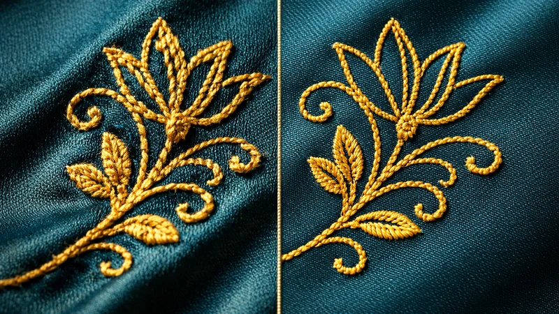 Hand embroidery and machine embroidery side by side on silk fabric — Akira Fashion Studio Bangalore