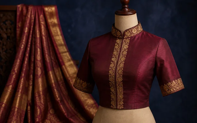 Structured high-neck collar blouse in deep wine silk with gold embroidered collar and placket on a dress form — Akira Fashion Studio Bangalore
