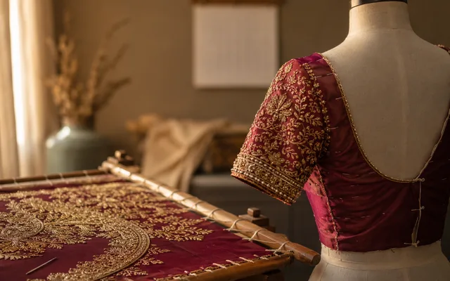Half-stitched maroon silk bridal blouse with a gold zardosi embroidered sleeve on a dress form, beside a wooden embroidery frame holding gold hand embroidery in progress — Akira Fashion Studio Bangalore
