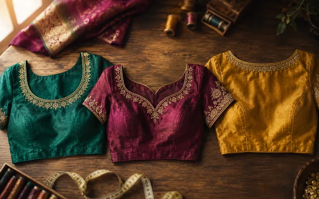Three silk saree blouses in jewel tones showing round, sweetheart and boat necklines with gold embroidered neckline borders on a wooden studio table — Akira Fashion Studio Bangalore