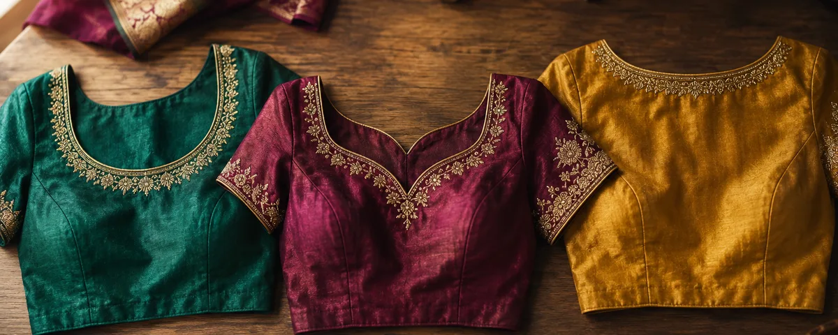 Three silk saree blouses in jewel tones showing round, sweetheart and boat necklines with gold embroidered neckline borders on a wooden studio table — Akira Fashion Studio Bangalore