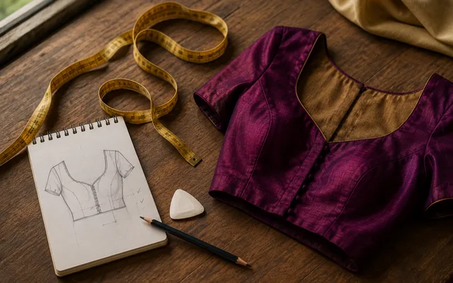 A soft measuring tape, a well-fitting reference blouse and a notepad with blouse measurements laid on a wooden studio table — Akira Fashion Studio Bangalore
