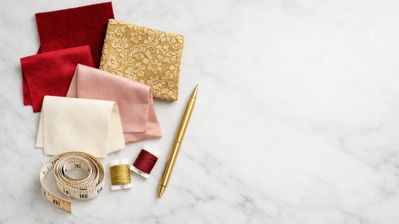 Bridal fabric swatches and sewing tools on marble — Akira Fashion Studio Bangalore