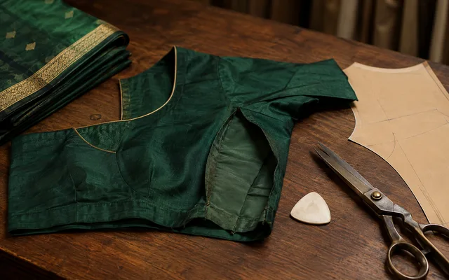 A green silk saree blouse laid open on a wooden cutting table with its side seam unpicked to show the seam allowance inside, tailor’s chalk, shears and a paper pattern piece alongside — Akira Fashion Studio Bangalore
