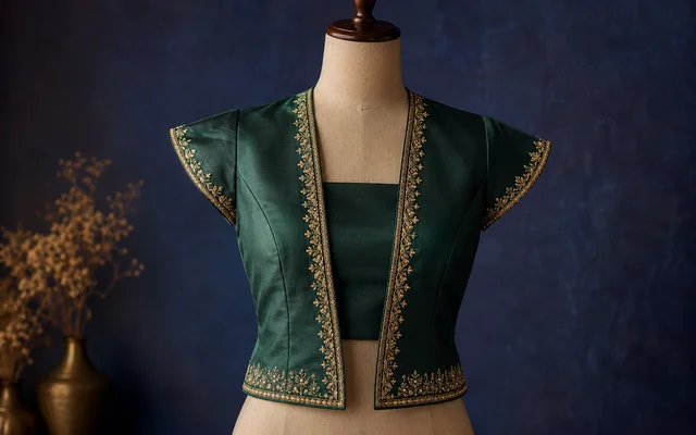 Structured bottle-green jacket-style blouse with gold-embroidered edges layered over a plain inner blouse on a dress form — Akira Fashion Studio Bangalore