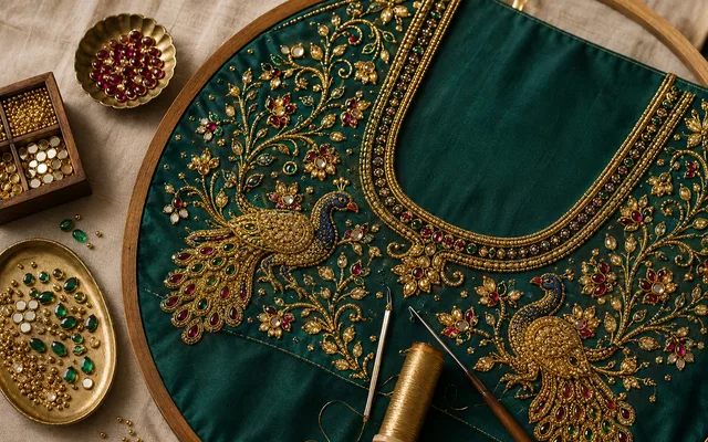Silk blouse yoke with maggam work — gold zari, stones and mirror embroidery on a frame — Akira Fashion Studio Bangalore
