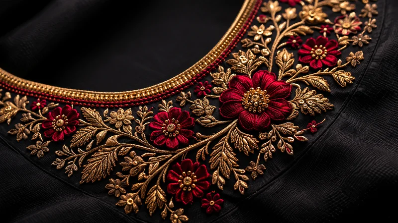Gold and red hand embroidery on black silk blouse neckline — Akira Fashion Studio Bangalore