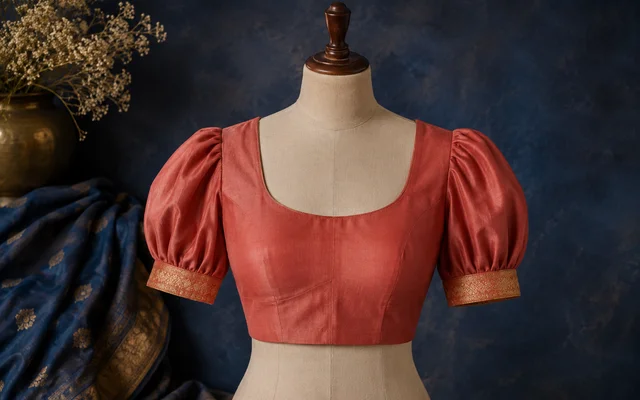Structured puff sleeve blouse in deep coral silk with gold thread edging on a dress form — Akira Fashion Studio Bangalore