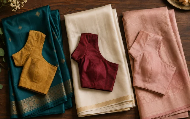 Silk saree and contrast blouse fabric swatches in teal, mustard and maroon arranged on a wooden surface — Akira Fashion Studio Bangalore