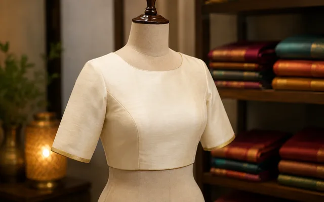 Ivory raw silk blouse with a clean round neckline and thin gold piping on a dress form, folded silk sarees on shelves in the background — Akira Fashion Studio Bangalore