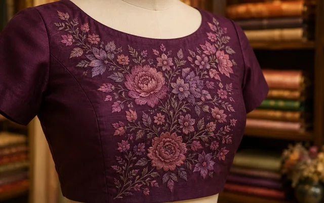 Deep plum silk blouse with shaded floral resham thread embroidery worked across the front panel, no zari or mirror work, on a dress form — Akira Fashion Studio Bangalore