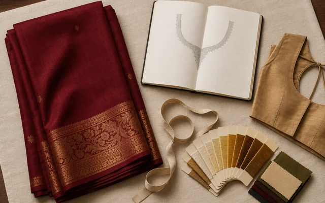 Boutique consultation table with a folded wine-red silk saree, measuring tape, an open reference sketchbook and antique-gold thread cards on ivory linen — Akira Fashion Studio Bangalore
