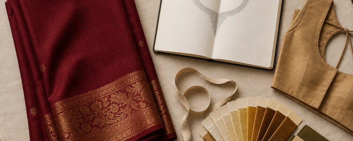 Boutique consultation table with a folded wine-red silk saree, measuring tape, an open reference sketchbook and antique-gold thread cards on ivory linen — Akira Fashion Studio Bangalore