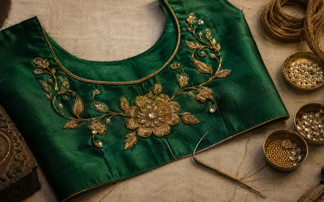 Raised gold zardosi floral motifs with kundan stones and pearls on an emerald green raw silk blouse neckline, kasab wire coils and brass bowls of stones alongside — Akira Fashion Studio Bangalore