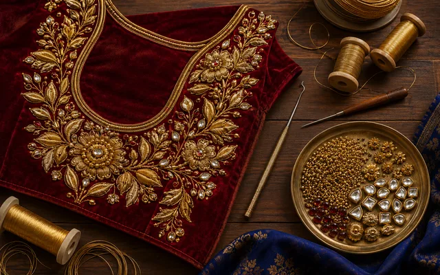 Raised gold zardosi metal-wire embroidery on a deep-red velvet bridal blouse panel with kasab wire spools and a fine hook on a wooden studio table — Akira Fashion Studio Bangalore